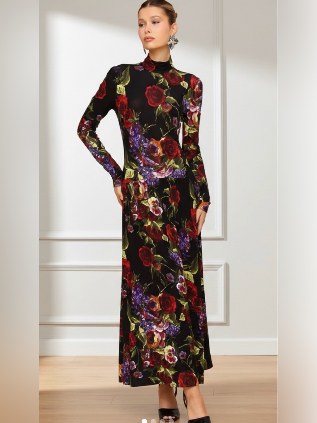 Avec Les Filles Long-Sleeve Mock-Neck Floral Jersey Dress Nwt Size 2